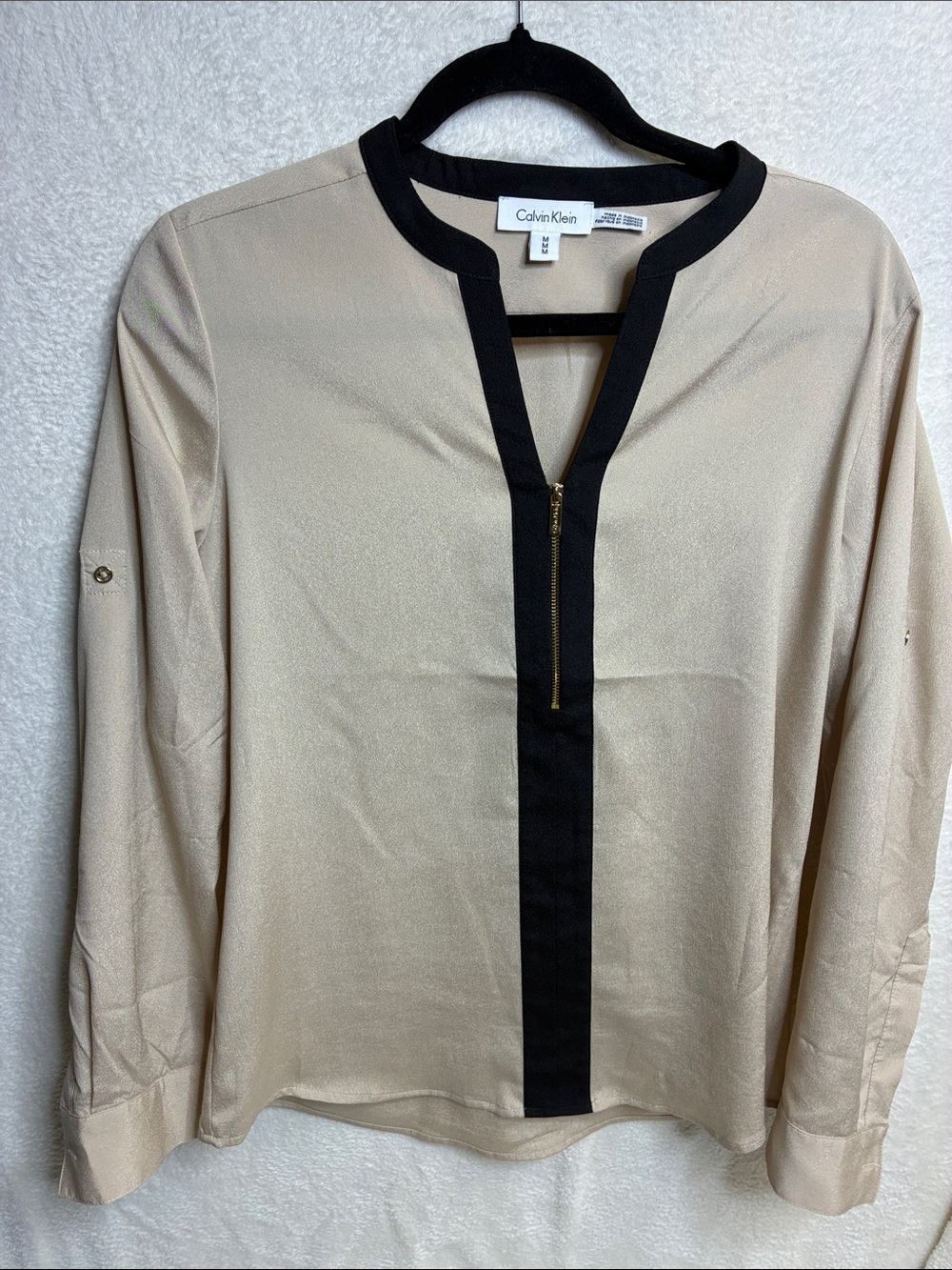 Calvin Klein Beige Top with Black Trim and Gold Zip